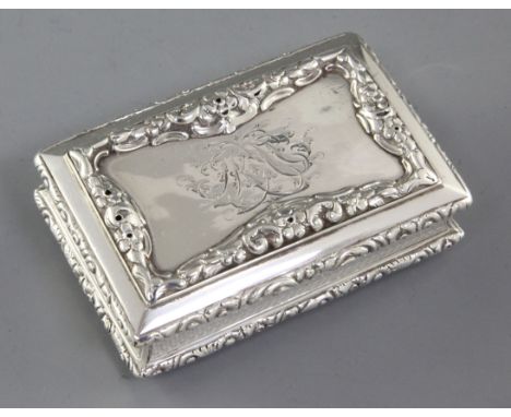 An early Victorian snuff box, by Nathaniel Mills, hallmarked Birmingham 1839, of rectangular form, with raised cast borders o