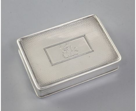 A George V engine turned silver rectangular snuff box, by George Unite, hallmarked Birmingham 1925, crested, Length 76mm Weig