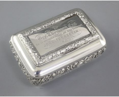 A George III silver table snuff box, by Joseph Wilmore, hallmarked Birmingham 1817, of rectangular form, with floral relief a