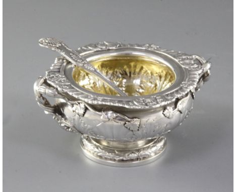 A heavy early Victorian two handled silver master table salt, by John Tapley, hallmarked London 1839, of Warwick Vase form, w