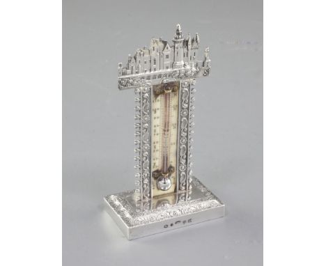 A rare William IV novelty silver castle top thermometer, by Joseph Wilmore, hallmarked Birmingham 1835, with a die cast panel