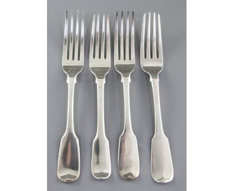 A matched set of three George IV silver fiddle pattern table forks, hallmarked London 1825/28, makers two x Robert Hennell II