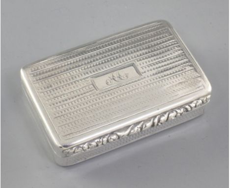 A George IV engine turned silver snuff box, hallmarked Birmingham 1827, maker, John Bettridge, of rectangular form, with engr