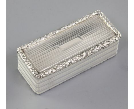 A William IV silver snuff box, by Edward Smith, hallmarked Birmingham 1830, of rectangular form, the exterior has engine turn