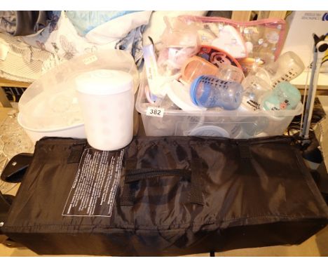 Shelf of baby equipment including sterilizers bottles cot etc 
