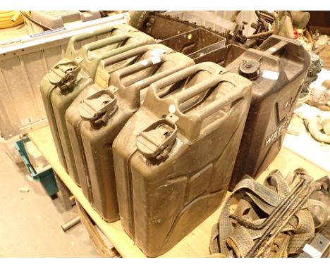 Three military jerry cans two ammunition containers and military water container 