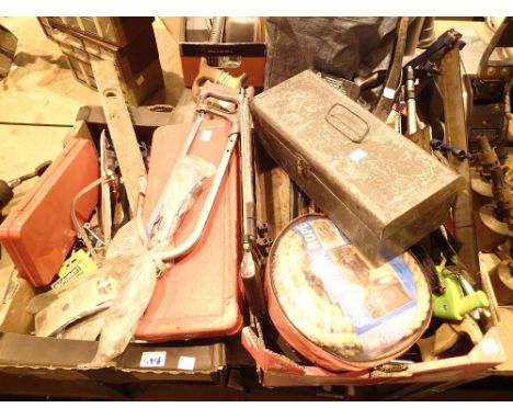 Two boxes of hand held tools to include saws spanners etc