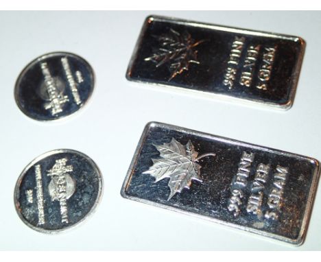 Two Canadian pure silver 5g bars and two 1g Chinese dragon coins