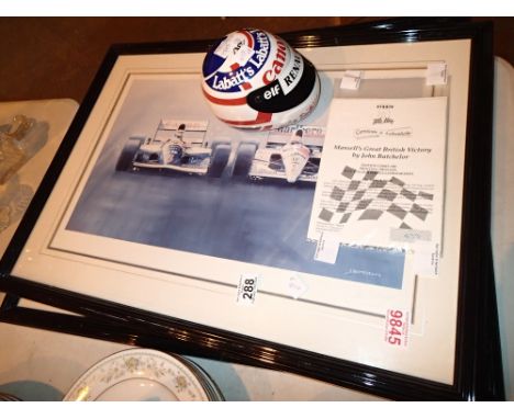 Two Nigel Mansell prints with certificate and associated container shaped as a racing helmet 