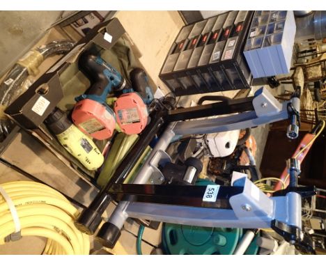 Box of power tools including two Makita cordless and indoor cycle trainer  CONDITION REPORT: All electrical items in this lot