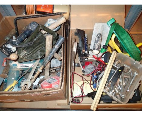 Two boxes of mixed tools to include battery drills 