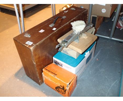 Wooden box with boxed tools die cutter and other tools 