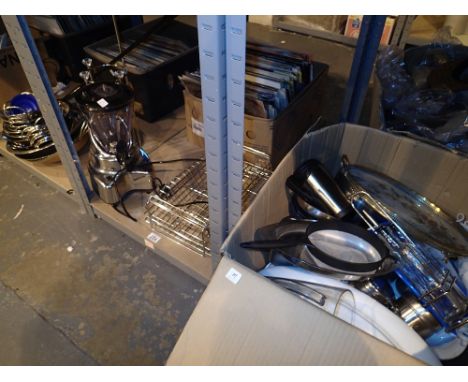 Three shelves of kitchen ware blenders etc  CONDITION REPORT: All electrical items in this lot have been PAT tested for safet