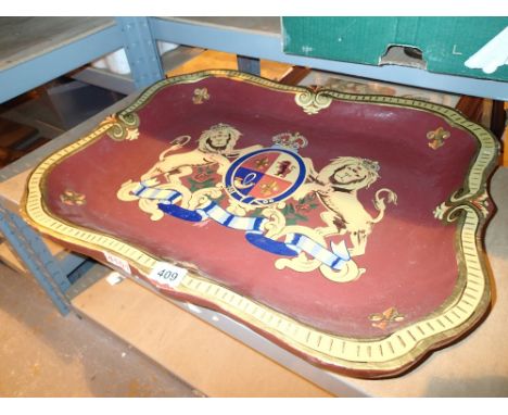 Paper mache serving tray with hand painted coat of arms 