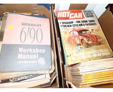 Two boxes of car manuals and magazines including Wolseley 6/90 workshop manual 