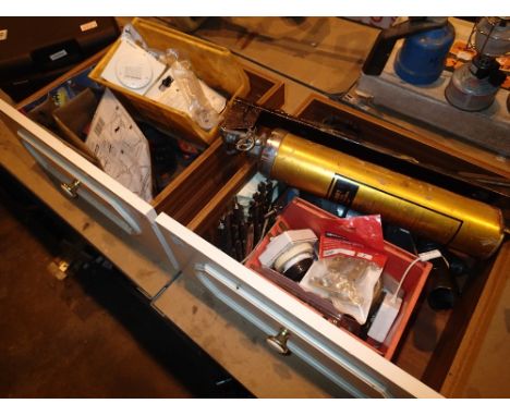 Two boxes containing power tools including high speed drill bits files and heavy duty wheel brace 