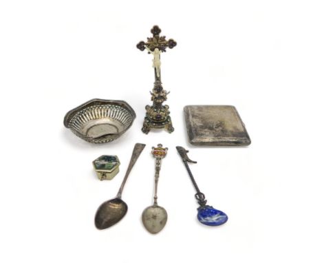 A collection of silver including an Austrian silver cigarette case, by Alexander Sturm, a Georgian silver teaspoon, a stamped
