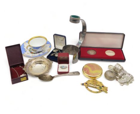 A collection including a silver dish, by Adie Brothers ltd, a La'aimant compact, a mesh purse, a Vienna cup and saucer, earri