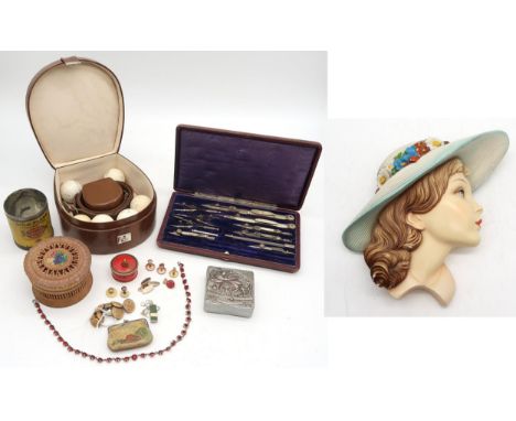 A mixed lot, comprising a leather combined collar and stud box, painted plaster portrait wall plaque titled "Euphemia", cased