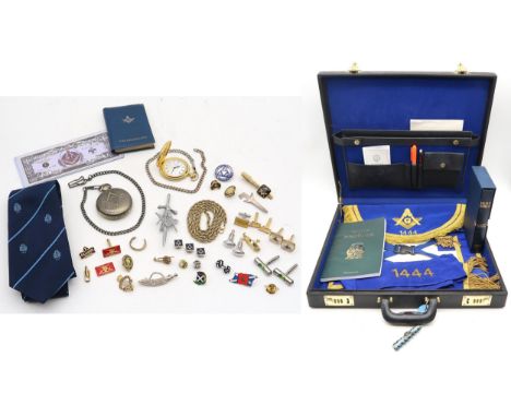 Masonic regalia for the 1444 Barrhill Lodge, comprising apron, sash, assorted pocket watches, cufflinks, studs etc., containe