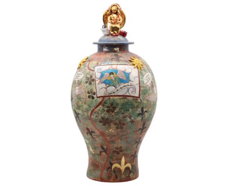 A Grayson Perry style lidded urn with lyrics of the Jessie J song Price Tag, with photographic images of Jessie J, Madonna an