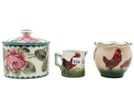 A Wemyss lidded pot decorated with cabbage roses, a Bon Jour brown Cockerel and hens jug and a similar wavy rimmed bowl Condi