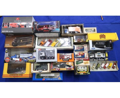 Assorted model vehicles of mixed scale and manufacturer, including a large selection of agricultural vehicles and machinery b