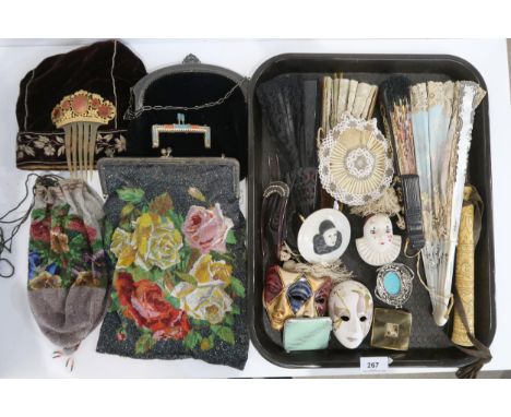 Assorted beaded bags and purses, an agate set hair comb, fans, a velvet cap etc&nbsp; Condition Report:Available upon request