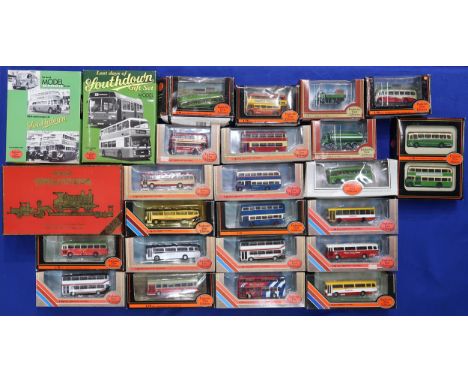 A large quantity of 1:76-scale model buses by Exclusive First Editions, with other packaged models by Matchbox: Models of Yes