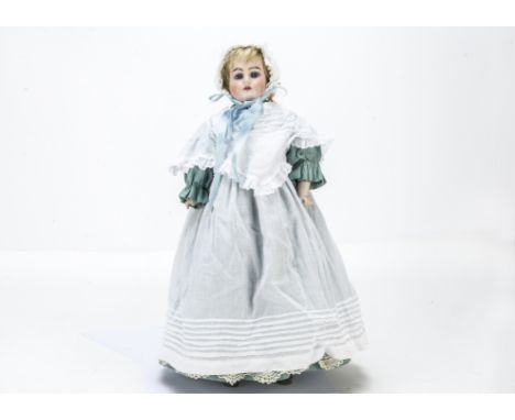 A Heinrich Handwerck shoulder-head doll,  With fixed blue glass eyes, blonde mohair wig, kid body with bisque arms, turquoise