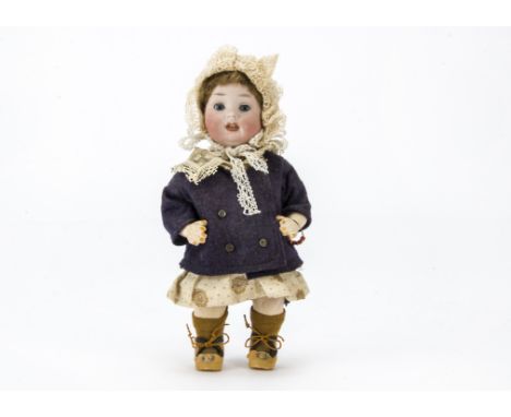 A Porzellanfabrik Mengersgereuth 914 toddler doll, With blue sleeping eyes, brown mohair wig, toddler composition body, print