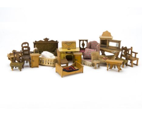 A quantity of dolls’ house furniture, An oak sofa and two chairs with velvet upholstery, a single bed and two side tables, tw