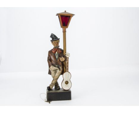 A 1930s Tyrol carved wooden whistling tramp automaton, The man in carved and painted dented top hat, red bow tie, brown jacke