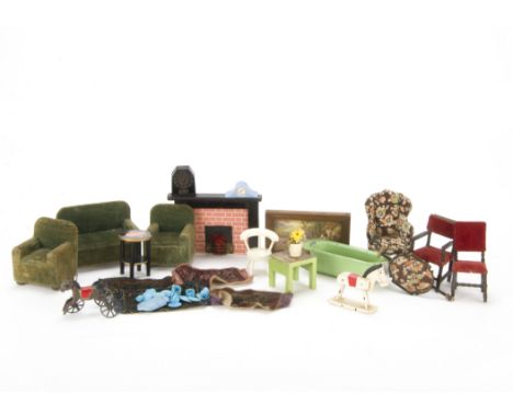 1930s and 1950s dolls’ house items, Two Tri-ang Period Furniture chairs, a Pit-a-Pat green velvet three piece suit, a glass m