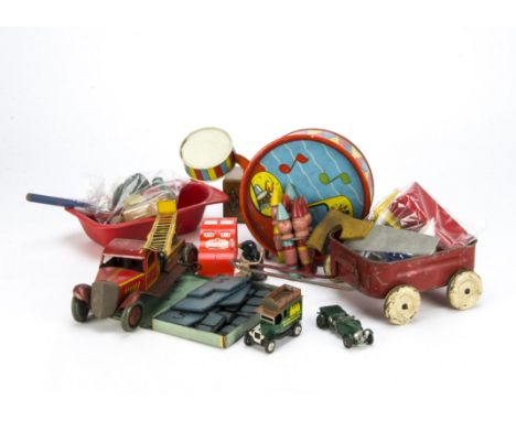 Assorted tin toys, A Wells clockwork lithographed tinplate fire engine —9in. (23cm.) long, a Chad Valley drum set with golliw