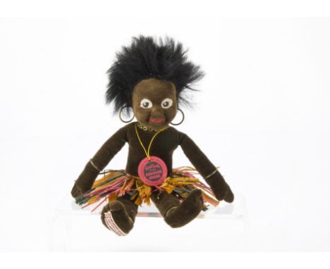 A rare Chad Valley Pantomime Man Friday doll, WIth pressed painted velvet face, black mohair shock of hair, velvet body, bras