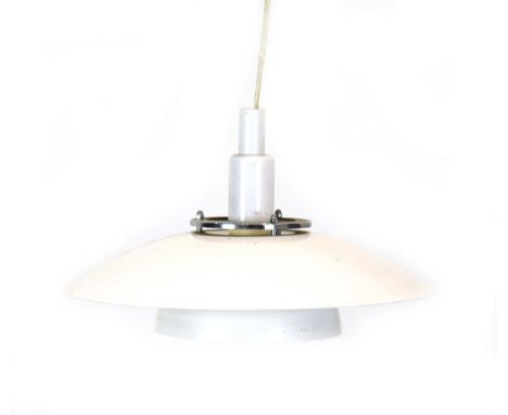 A contemporary white enamelled two tier ceiling light with an aluminium cap CONDITION REPORT: Working order unknown. Some wea