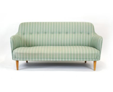 A Swedish 'Samas' cocktail sofa in green striped button upholstery, on beech legs, designed by Carl Malmsten (1888-1972)*Sold