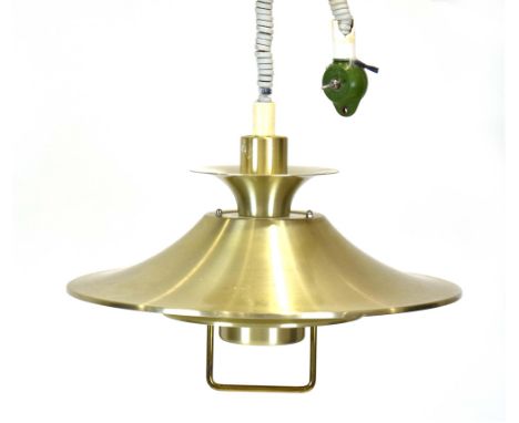 A Danish Lysakaer spun aluminium ceiling light with a brass handle CONDITION REPORT: Working order unknown. Some wear particu