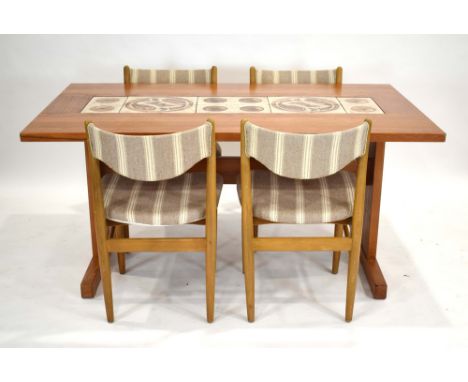 A 1970's dining suite including a teak, crossbanded and tile-topped table, 153 x 91 cm, together with four chairs*Sold subjec