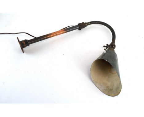 A 1930/40's desk/wall-mounted industrial lamp with a copper arm, flexible shaft and green enamelled shade CONDITION REPORT: D
