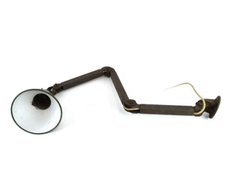 A 1930/40's Dugdills-type industrial wall-mounted three-arm machinist's lamp with a green enamelled shade 