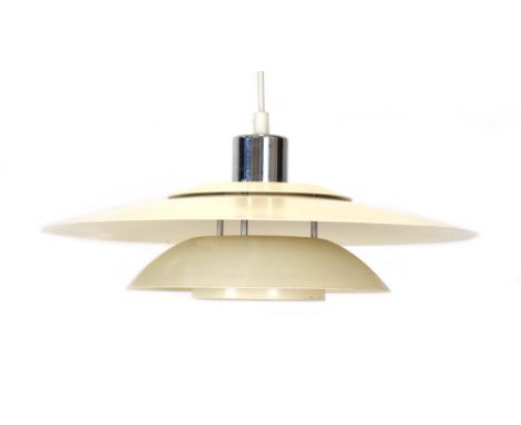A Danish 'Lux' three-tier white enamelled ceiling light with an aluminium cap CONDITION REPORT: Working order unknown. Some w