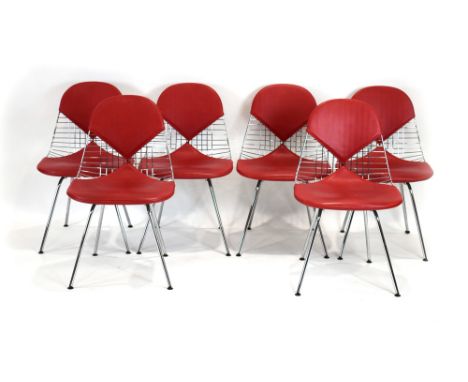 Charles and Ray Eames for Vitra, a set of six 1980's DKR 'Wire' chairs with red vinyl bikini pads and straight legs*Sold subj