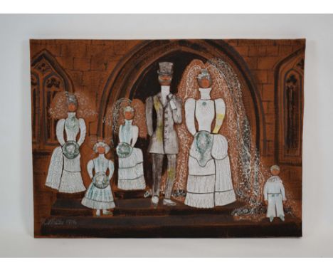 Marie Whitby, A marriage scene, signed and dated 1976,ceramics on textiles,78 x 107 cm 