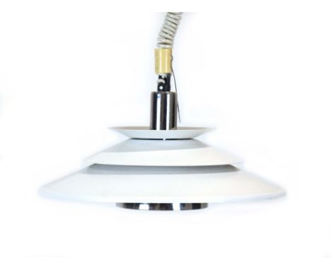 A 1970/80's four-tier white enamelled and aluminium ceiling light CONDITION REPORT: Working order unknown. Some wear.