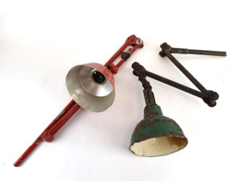 A 1930/40's Dugdills of Stockport industrial wall-mounted three-arm machinist's lamp with a green enamelled shade together wi