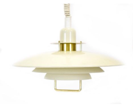 A Danish cream enamelled four-tier ceiling light with a brass handle in the manner of Louis Poulsen CONDITION REPORT: Working