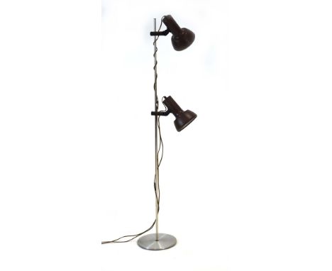 A 1970's twin-spot standard lamp with brown enamelled shades CONDITION REPORT: Working order unknown. Lead cut. Wear and mark