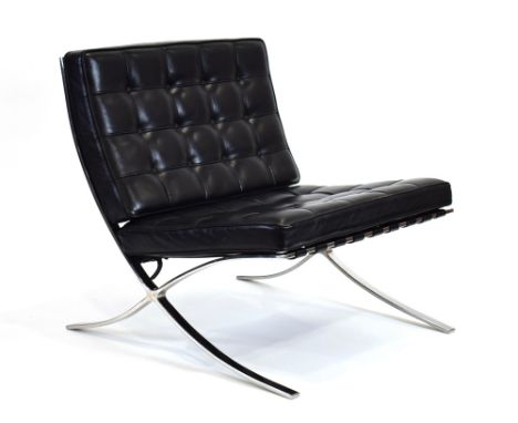 After Mies van der Rohe, a pair of 'Barcelona' type chairs, the chromed frames each supporting two black leather button uphol